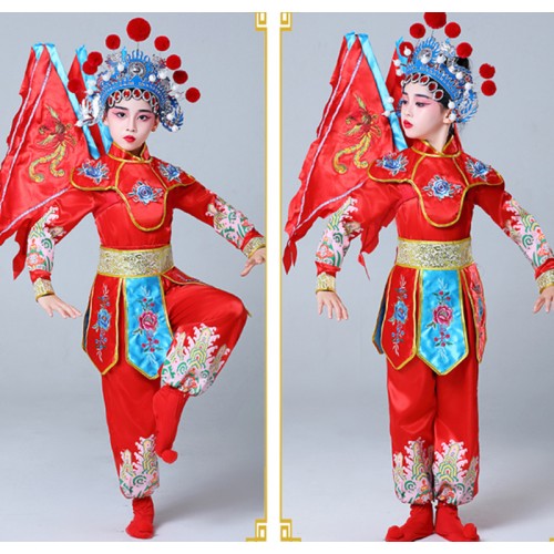 Girls boys Chinese peking opera Daomadan performance costumes Hua Mulan Mu Guiying Opera Beijing drama cosplay clothes for children Henan Opera Dance Costume for kids 